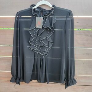 N By Nancy Black Ruffle Sheer Blouse Embellished Neck Long Sleeve Top size Large